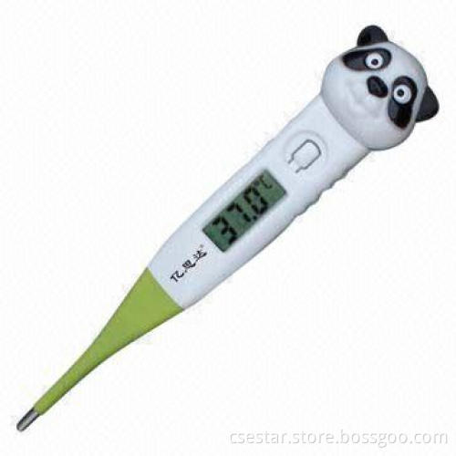 Cartoon head baby digital thermometer, features memory for last measurement, auto-shutoff